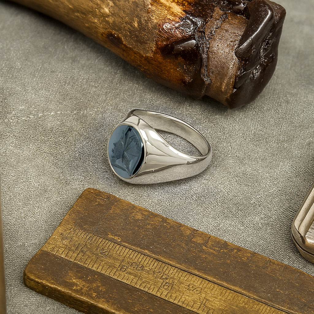 Hematite Intaglio Platinum Set Oval Signet Ring