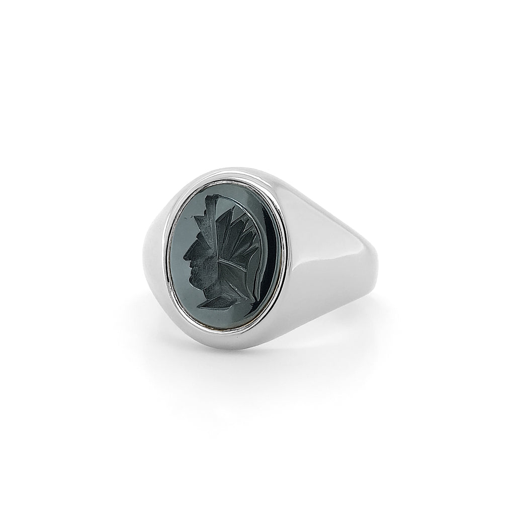 Hematite Intaglio Platinum Set Oval Signet Ring