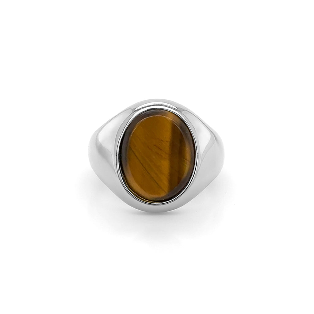 Tiger’s Eye Stone 9ct White Gold Set Oval Signet Ring